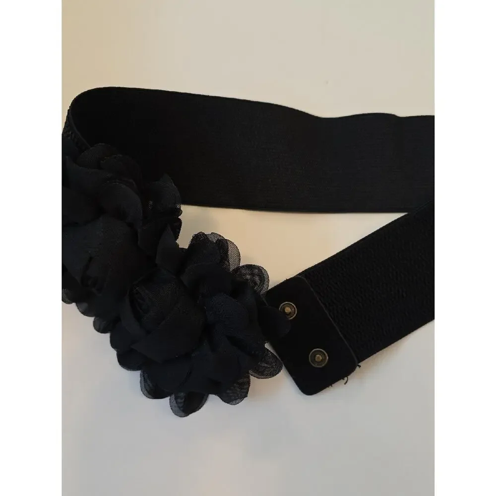 Black Floral Roses Wide Elasticized Belt Womens OS Dressy Bridal Dark Romance